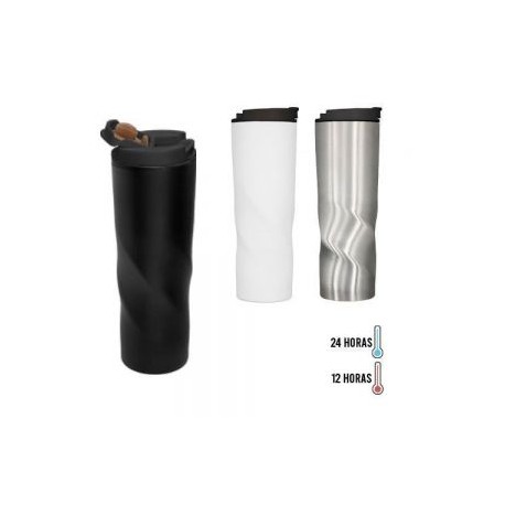 Termo con doble pared de acero inoxidable, tapa de plástico enroscable y boquilla de seguridad.