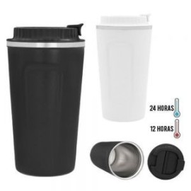 Termo con doble pared de acero inoxidable, con tapa plástica enroscable y boquilla de seguridad.