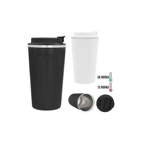 Termo con doble pared de acero inoxidable, con tapa plástica enroscable y boquilla de seguridad.