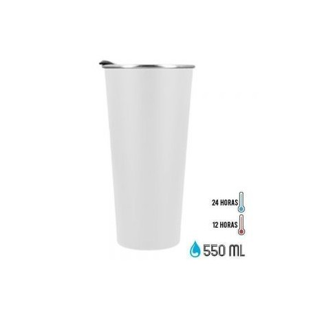 Termo con doble pared de acero inoxidable insulado al vacío. Incluye tapa de cierre a presión.