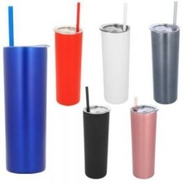 Termo de acero inoxidable de doble pared insulado al vacío con tapa de plástico a presión con boquilla deslizable y popote de p