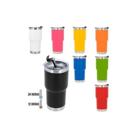 Termo con doble pared de acero inoxidable insulado al vacío con acabado rugoso. Incluye tapa transparente de cierre a presión.