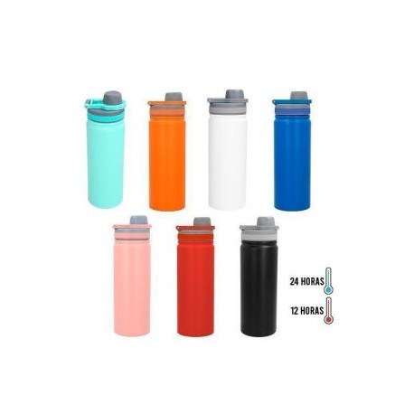 Termo de acero inoxidable de doble pared insulado al vacío con acabado rugoso. Cuenta con una tapa de rosca con asa para sujeta