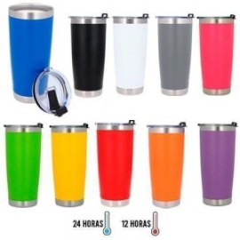 Termo insulado al vacío con doble pared de acero inoxidable y acabado rugoso. Incluye tapa de cierre a presión.