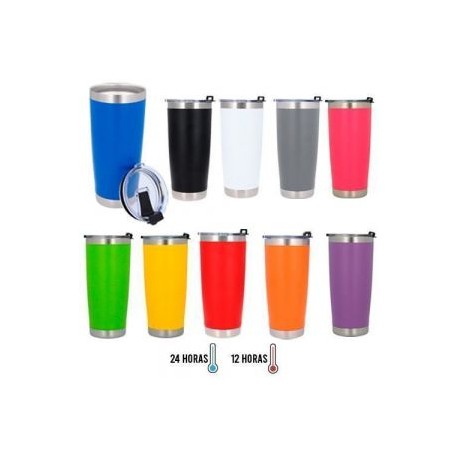 Termo insulado al vacío con doble pared de acero inoxidable y acabado rugoso. Incluye tapa de cierre a presión.