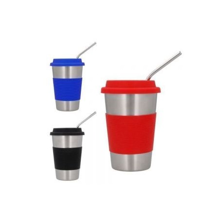 Vaso de acero inoxidable con tapa y cintilla de silicón. Incluye popote.