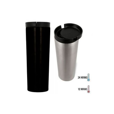 Termo de acero inoxidable de doble pared insulado al vacío y tapa enroscable con mecanismo deslizable.