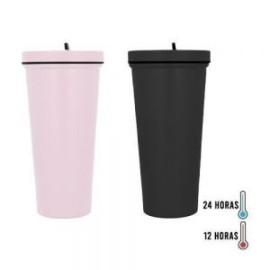Termo de acero inoxidable de doble pared insulado al vacío, su tapa enroscable cuenta con boquilla abatible y popote.