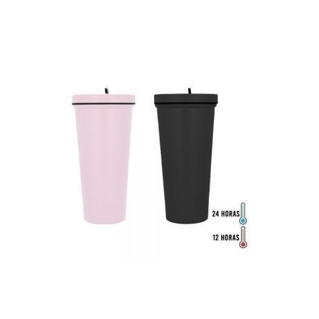 Termo de acero inoxidable de doble pared insulado al vacío, su tapa enroscable cuenta con boquilla abatible y popote.