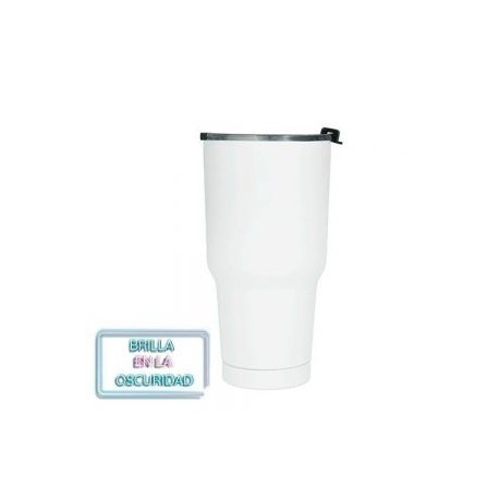 Termo de acero inoxidable con doble pared que brilla en la oscuridad. Incluye tapa de presión.