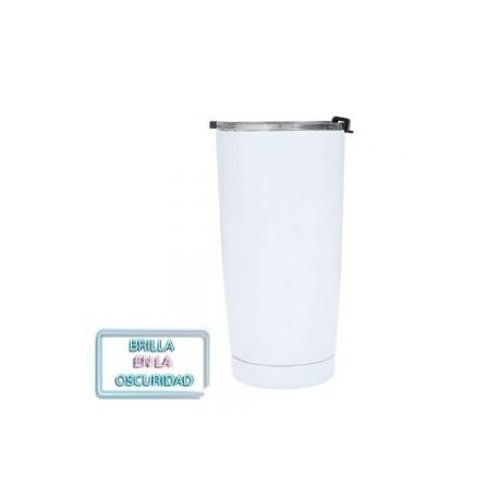 Termo insulado al vacío con doble pared de acero inoxidable que brilla en la oscuridad. Incluye tapa de cierre a presión.