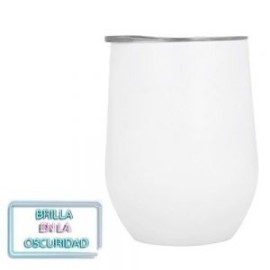 Termo de acero inoxidable con doble pared que brilla en la oscuridad con tapa de cierre a presión transparente.