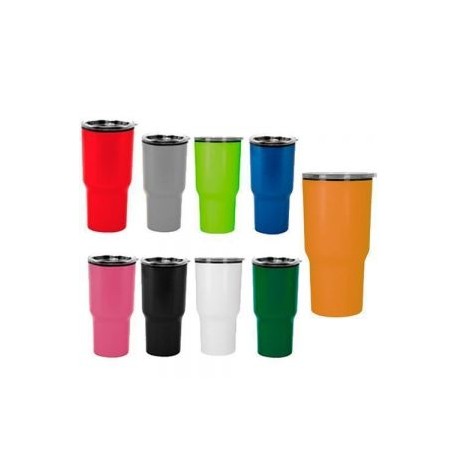 Termo de plástico de doble pared con tapa a presión.