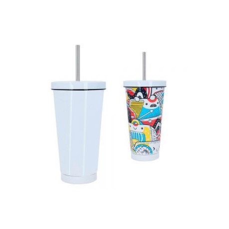 Termo sublimable con doble pared de acero inoxidable, insulado al vacío, popote metalico y tapa enroscable.