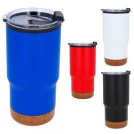 Termo de doble pared con acabado rugoso, exterior de acero inoxidable e interior de plástico, base de corcho y tapa de cierre a