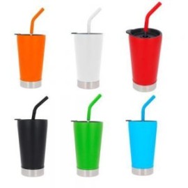 Termo con doble pared de acero inoxidable, insulado al vacío, con tapa de cierre a presión y popote.