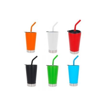 Termo con doble pared de acero inoxidable, insulado al vacío, con tapa de cierre a presión y popote.