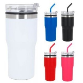 Termo de doble pared con exterior de acero inoxidable e interior de plástico y acabado rugoso. Incluye tapa de rosca con boquil