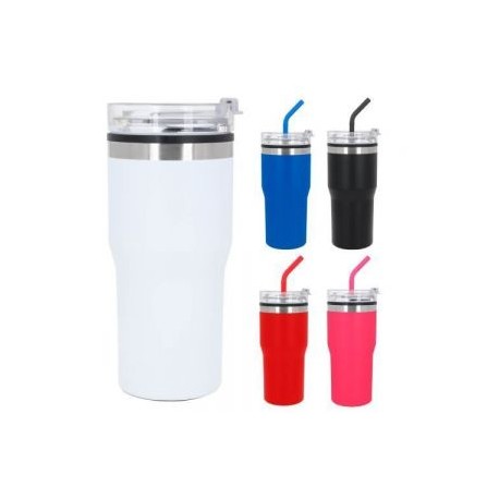 Termo de doble pared con exterior de acero inoxidable e interior de plástico y acabado rugoso. Incluye tapa de rosca con boquil