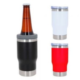 Termo con doble pared de acero inoxidable, acabado rugoso, base con destapador y tapa enroscable intercambiable.